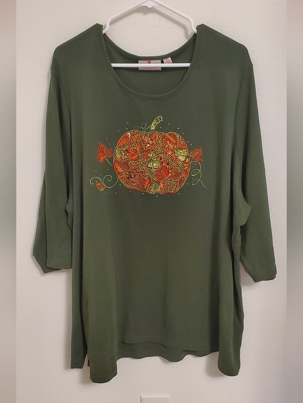 Quacker Factory Olive Green Festive Pumpkin Embellished Tunic Top Size 3X